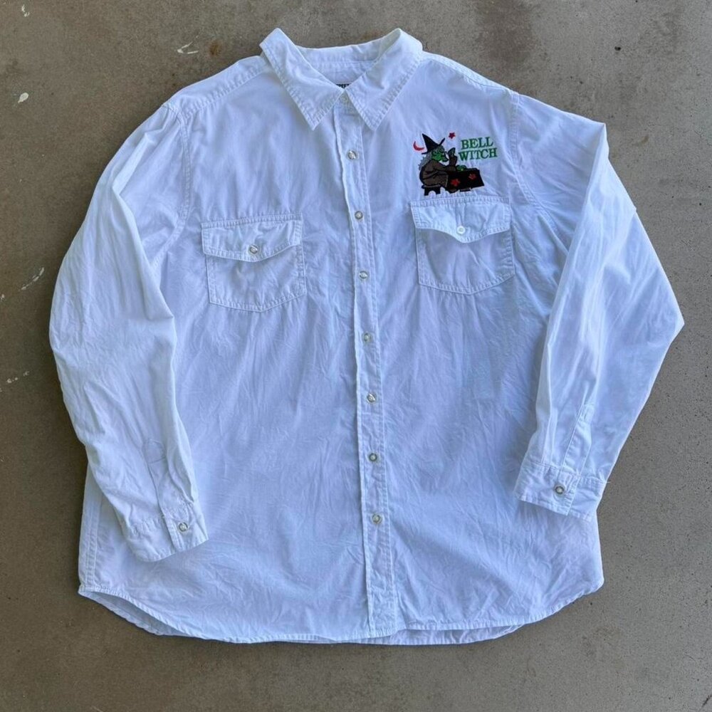 VINTAGE WITCH EMBROIDERED WHITE LONG SLEEVE BUTTON UP SHIRT
